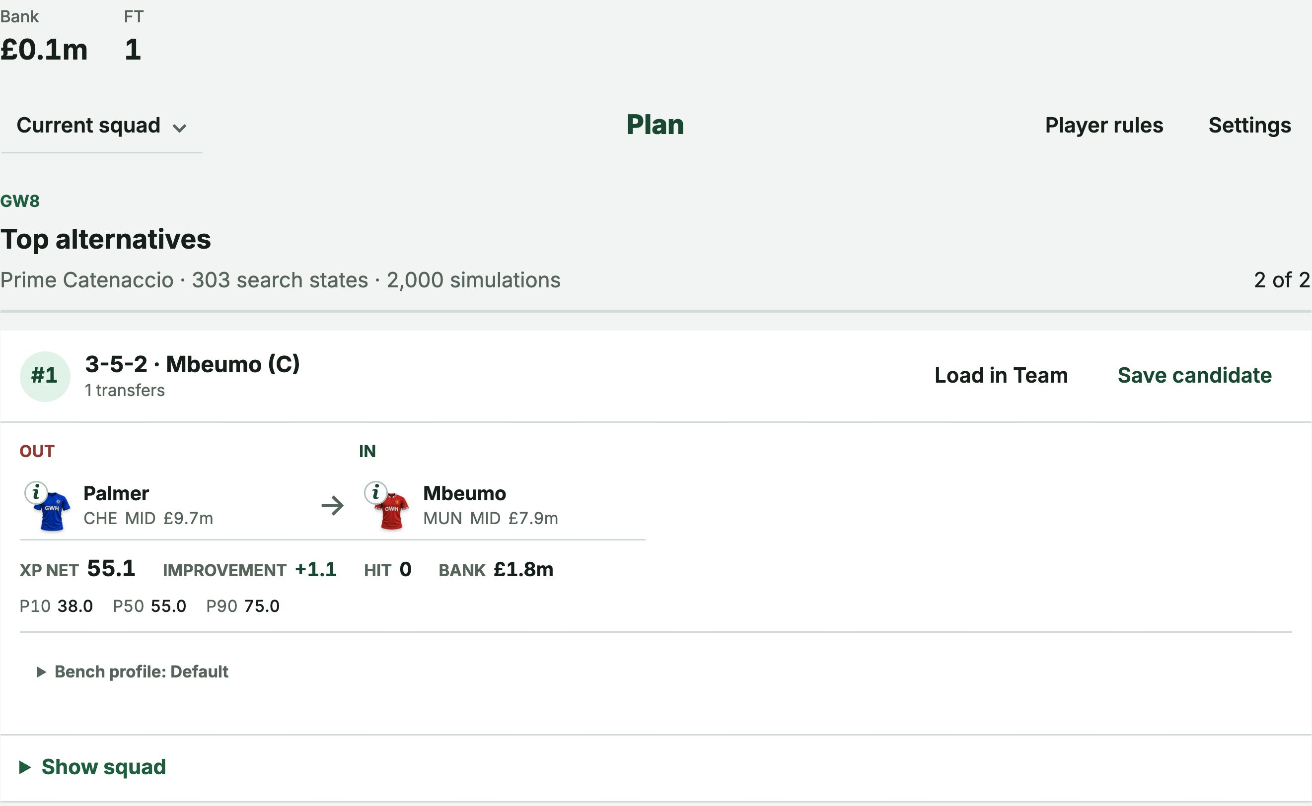 Gameweek Haul Plan showing Palmer out and Mbeumo in